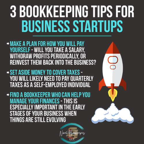 Infographic depicting the three bookkeeping tips for business startups. 