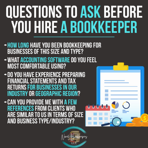 Infographic posing the topic of Questions to ask before you hire a bookkeeper.