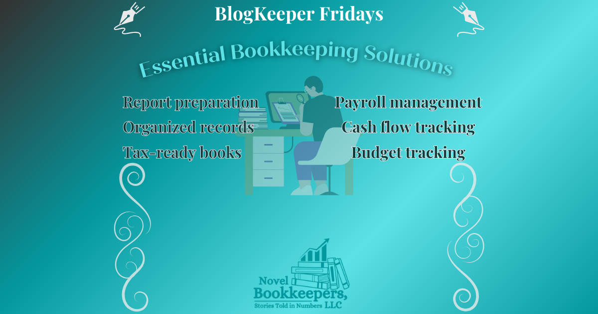 Infographic depicting the services that a bookkeeper can provide, such as financial record tracking, budgeting strategies, and other bookkeeping solutions.